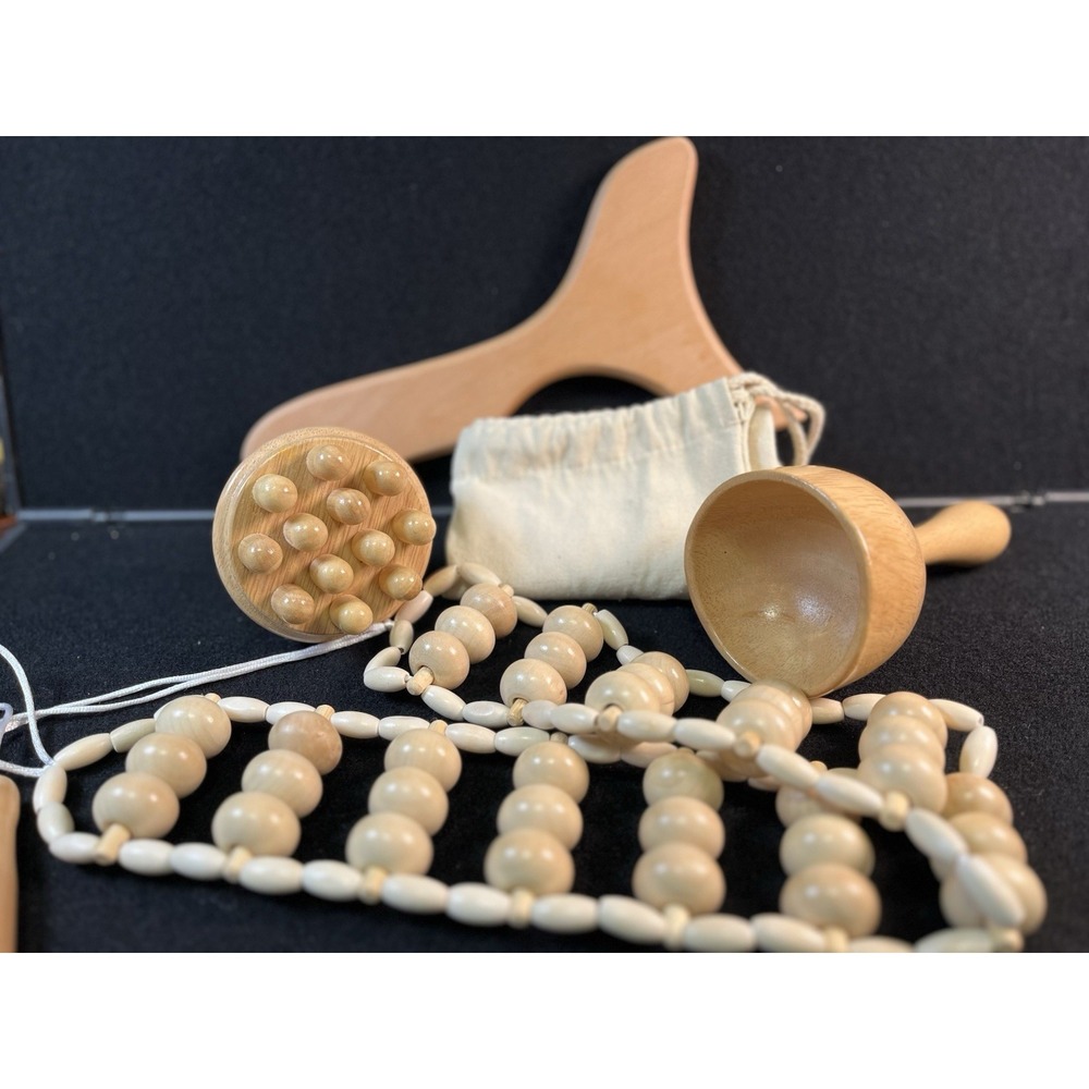 Wooden Massage Tool Set Body Back Foot Roller Massager Beads w/ Storage Bag
